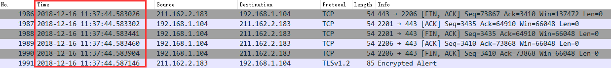 调整数据包列表中时间戳显示格式。调整方法为View -->Time Display Format --> Date and Time of Day。调整后格式如下：
